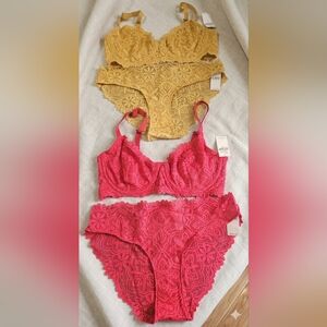 Lace Balconette Bra & High-Waist Brief Set - Mustard and Red